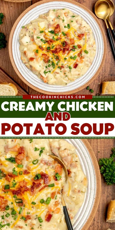 An easy comfort food recipe that's packed with coziness! This creamy chicken potato soup comes together in 30 minutes and is packed with delicious flavor. The next time you're looking for soup ideas for dinner, make sure to try out this chicken and potato soup with heavy cream! Creamy Chicken And Potato Soup, Creamy Chicken Potato Soup, Chicken And Potato Soup, Crockpot Chicken And Potatoes, Chicken Potato Soup, Chicken Soup Crockpot, The Cookin Chicks, Chicken And Potato, Chicken Potato