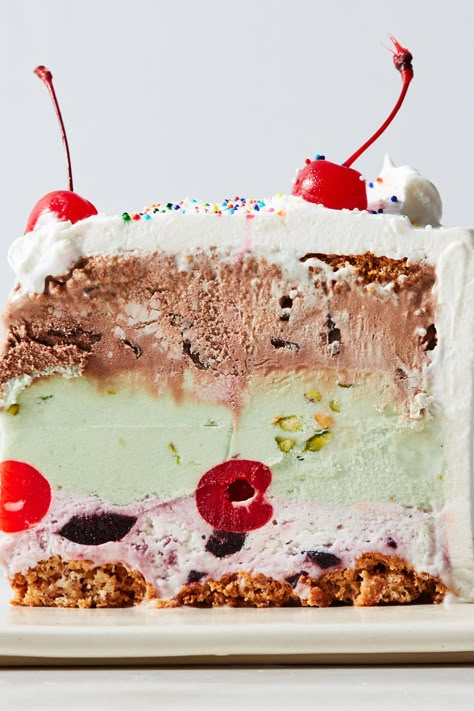 Spumoni Ice Cream Cake Recipe - NYT Cooking Spumoni Ice Cream Cake Recipe, Spumoni Ice Cream, Cherry Ice Cream, Cake Cooking, Ice Cream Cake Recipe, Pistachio Ice Cream, American Desserts, Ice Cream Gelato, Ice Cream Cakes