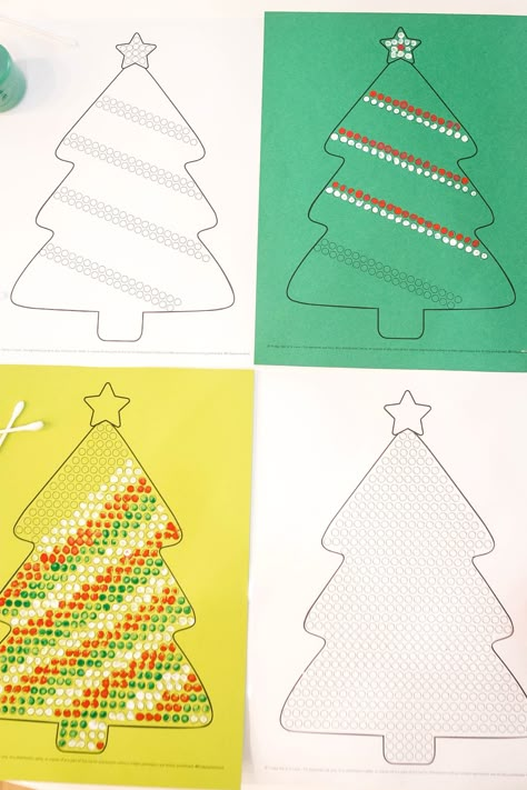 Christmas Dot Painting: Q-tip Tree Painting FREE Printable - Friday We're in Love Q Tip Christmas Painting, Q Tip Christmas Tree, Christmas Qtip Painting, Painting For Kids Ideas, Cotton Bud Painting, Christmas Theme Preschool, Qtip Painting, Bud Painting, Christmas Dot Painting