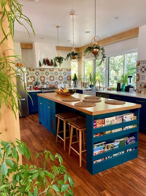 Boho Vintage Kitchen, Wood And Color Kitchen, Kitchen In Room, Basement Kitchen With Island, Wood Paneling Kitchen, Bright Colored Kitchen, Colorful Kitchen Island, Kitchen Ideas Light, Kitchen Island Seats