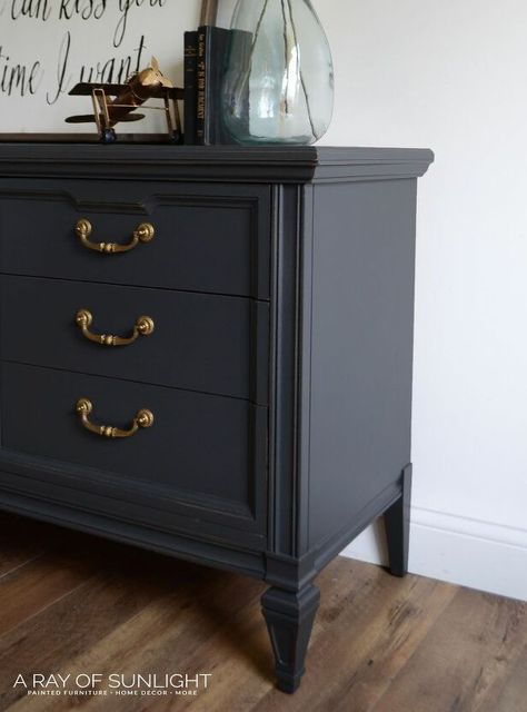 Watch the before and after transformation of this upcycled dresser. This classic furniture piece is beautiful and adds a lot of character to your home decor. #upcycled #furniture #thriftstore Gray Dresser Makeover, Pineapple Bedroom, Dresser Makeover Ideas, Antique Dresser Makeover, Basement Kids, Grey Painted Furniture, Upcycled Thrift, Gray Dresser, Black Painted Furniture