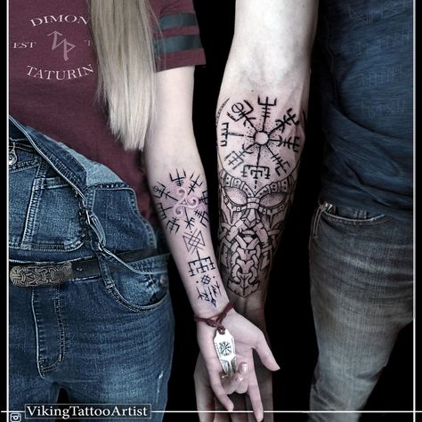 Design/Tattoos by @DimonTATURIN @VikingTATTOOS . . . . #dimontaturin #taturinart #tallinntattoo #tattooestonia #nordictattoo #vikingtattoo #vikingtattoos #viking #wiking #tattoo #tattooedfamily #vikingfamily Viking Couple, Viking Compass Tattoo, Married Couple Tattoos, Norse Tattoos, Viking Tattoo Symbol, Viking Tattoo Sleeve, Wolf Tattoo Sleeve, Couples Tattoos, Couple Tattoos Unique