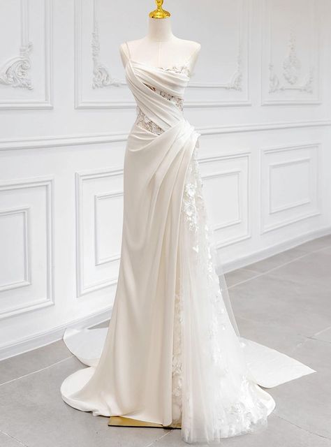 Sexy White Satin Strapless Pleats Flower Wedding Dress -  #Dress #Flower #Pleats #Satin #Sexy #Strapless #Wedding #White Civil Ceremony Dress, Off Shoulder Wedding Gown, Delicate Wedding Dress, Flower Wedding Dress, Light Wedding Dresses, Dream Proposal, White Veil, Ceremony Dress, Train Wedding