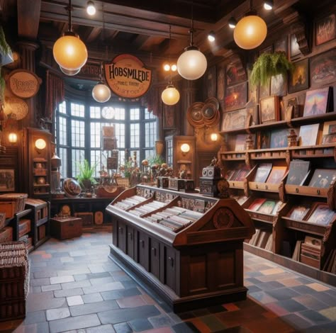 Old Shop Aesthetic, Fantasy Apothecary Shop, Hogsmeade Shops, Fantasy Store, Antique Book Store Aesthetic, Old Bookshop Store Fronts, Old Bookshop, Library Store, Antiquarian Bookshop