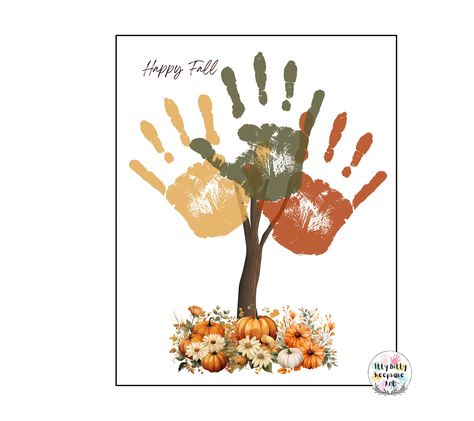 Happy Fall Tree Handprint Craft Art Printable Template / Autumn Activity / Fall Crafts / Pumpkin Pumpkin Handprint, Tree Handprint, Handprint Template, Art Craft Kids, Fall Handprint Crafts, Handprint Printable, Hand Print Tree, Leaves Diy, Template Craft