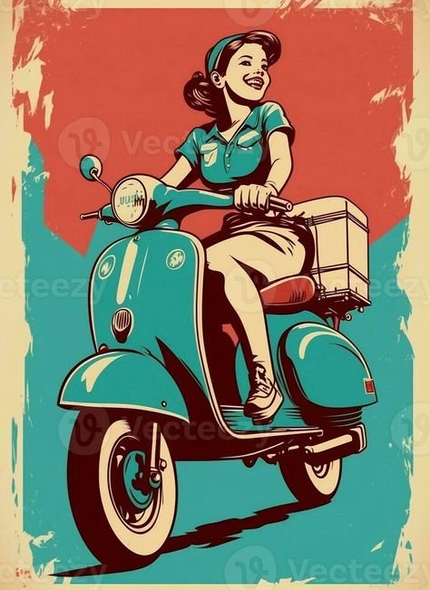 Vintage retro poster, woman on a moped. Advertising poster 50s, 60s, coffee sale. Grunge poster. AI Generated Vintage Advertisements 1950s, 1940s Advertisements, 50s Advertisements, 60s Advertising, Vintage Ads 1950s, Poster Vintage Music, Illustration Art Vintage, Label Illustration, Art Deco Aesthetic