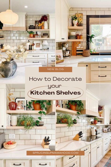 kitchen shelf decor tips and ideas How To Decorate A Kitchen Shelf, How To Style Open Shelves In Kitchen, Wood Shelves In Kitchen, Decorating Open Shelves In Kitchen, How To Style Kitchen Shelves, Decorate Kitchen Shelves, Styling Kitchen Shelves, How To Decorate Kitchen Shelves, Small Kitchen Shelf