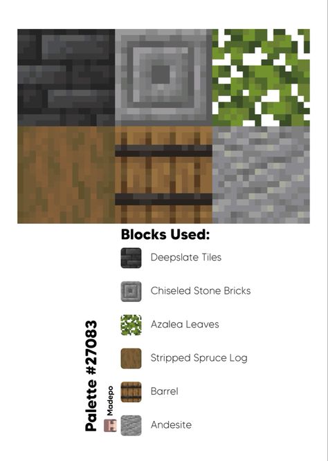 Minecraft block palette using deepslate tiles, chiseled stone bricks, azalea leaves, stripped spruce log, barrel, and andesite! #aesthetic #minecraft #minecraftbuild #minecraftaesthetic #minecraftcottagecore #minecraftfairy #mcyt #mc #cute #rustic #colorscheme #color #blockpalette #colorpalette Minecraft Pallets Ideas, Block Pallet Ideas Minecraft Spruce, Minecraft Spruce Block Palette, Minecraft Spruce Color Palette, Minecraft Spruce Palette, Spruce And Stone Brick House Minecraft, Minecraft Castle Palette, Minecraft Building Color Palette, Minecraft Colors Palette