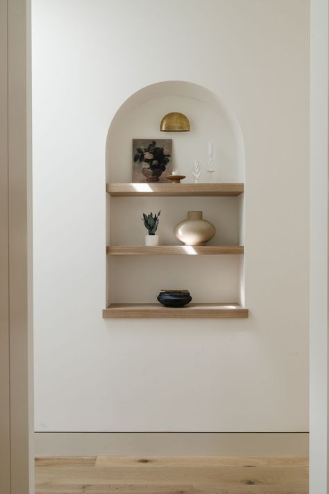 Kitchen Wall Niche Ideas, Above Toilet Niche, Entry Niche, Archway With Shelves, Recessed Shelf, Arch Wall Shelves, Hallway Niche, Arched Floating Shelves, Arched Built Ins Office