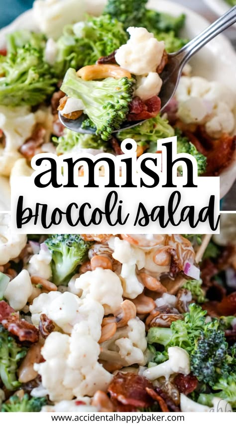 This classic Amish Broccoli Cauliflower Salad is both creamy and crunchy, filled with fresh broccoli, cauliflower, cashews, bacon, and raisins, all coated in a tangy homemade dressing. Amish Broccoli Cauliflower Salad, Salad With Cauliflower, Broccoli And Cauliflower Salad, Broccoli Cauliflower Salad Recipes, Salad Recipes Holidays, Amish Broccoli Salad, Cauliflower Salad Recipe, Broccoli Cauliflower Salad, Broccoli And Cauliflower