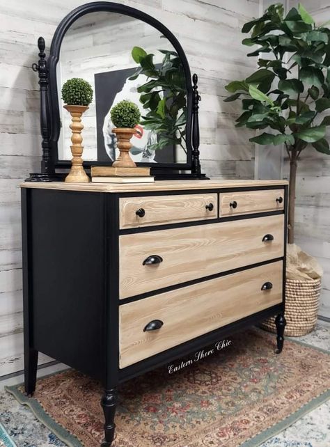 Diy Wooden Dresser Makeover, Repainting Dresser Ideas Color Combos, Black And Natural Wood Furniture, Black And Wood Dresser, Black Dresser Makeover, Recycled Furniture Design, Refinished Dresser Diy, Dresser Remodel, Refurbish Ideas