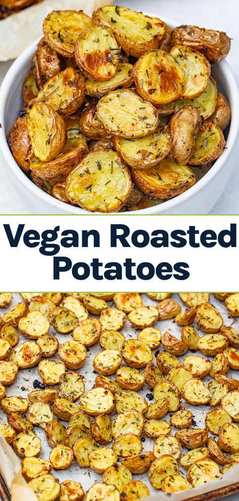 Vegan Roasted Potatoes with garlic and herbs on them. Vegan Garlic Potatoes, Vegan Bean Side Dishes, Vegan Group Meals, Vegan Fall Side Dishes, Cheap Potato Recipes, Easy Cheap Vegetarian Recipes, Non Dairy Potato Recipes, Vegan Potato Side Dishes, Vegan Roasted Potatoes