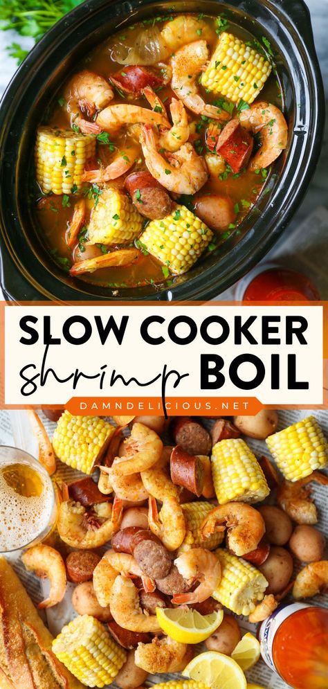 Bust out your crockpot and try this homemade dinner recipe! It will become one of your favorite seafood meals when entertaining. Full of potatoes, sausage, corn, and Old Bay, this Slow Cooker Shrimp Boil is the BEST! Shrimp Corn, Sausage Shrimp, Boil Recipes, Seafood Boil Recipes, Easy Crockpot Dinners, Crockpot Ideas, Crockpot Dinners, Shrimp Boil, Crockpot Dishes