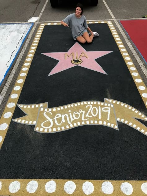 Senior parking spot. Hollywood walk of fame. Highschool Parking Spot Ideas, Senior Parking Ideas, Parking Lot Ideas, Painted Parking Spaces Ideas, Senior Boards, Senior Spots, Parking Ideas, Parking Lot Painting, Senior Parking Spot Ideas