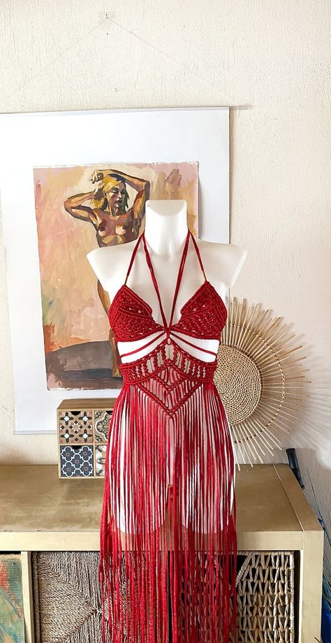 Red Macrame Festival Dress With Gold Beads Burning Man - Etsy Canada Shambala Outfits, Full Moon Party Outfit, Burning Man Festival Women, Crochet Rave Outfit, Red Festival Outfit, Burning Man Festival Outfits, Rave Crochet, Crochet Rave, Rave Outfit Women