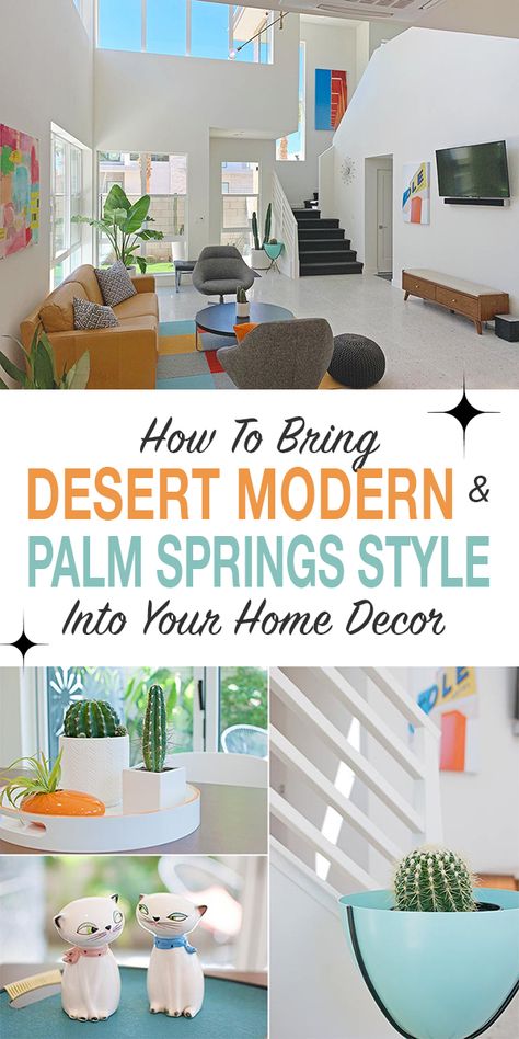 If you are a Palm Springs lover, and want to bring that style into your own space, here are some easy ways to create a modern desert home, with some mid century modern decor ideas to spice up each room! #desertmodern #palmspringsstyle #midcenturymodern #desertmodernism #palmspringsdecor #desertmoderndecor #homedecorideas Palm Springs Decor Interiors, Palm Springs Home Interior, Mid Century Modern Decor Ideas, Palm Springs Home Decor, Palm Springs Style Interior, Desert Modern Decor, Palm Springs Living Room, 70s House Decor, Palm Springs Bedroom