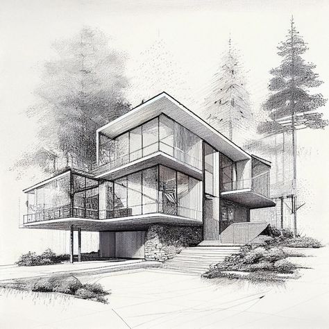 Dream House Drawing Sketch, Dream House Drawing, House Design Drawing, Architecture Sketches, Architecture Drawing Plan, Perspective Drawing Architecture, Building Drawing, Inspiration Painting, House Sketch