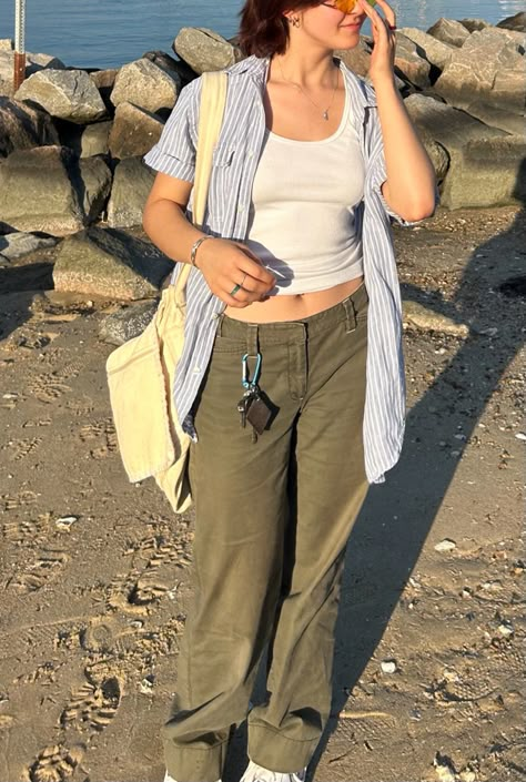 Olive And Blue Outfit, Outfits Olive Green Pants, How To Look Lesbian In Summer, Carabiner On Pants, Carabiner Lesbian Outfit, Artsy Lesbian Outfit, Wlw Summer Outfits, Stem Outfit Ideas, White Beater Outfit