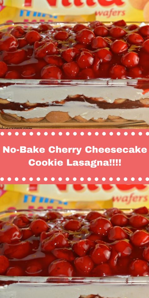 No-Bake Cherry Cheesecake Cookie Lasagna!!!! No Bake Cherry Cheesecake Cookie Lasagna, Cherry Lasagna Dessert, No Bake Cherry Cheesecake, Cherry Cookies, Cake Mix Cookie Recipes, Cheesecake Cookies, Cherry Cheesecake, Fruity Desserts, Cherry Pie Filling