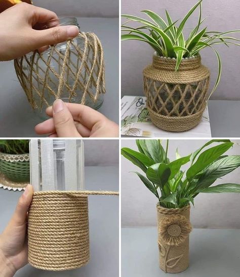 Twine Vase, Flower Vase Ideas, Diy Flower Vase, Rope Craft Ideas, Jute Flowers, Vase Ideas, Twine Crafts, Stones Aesthetic, Craft From Waste Material