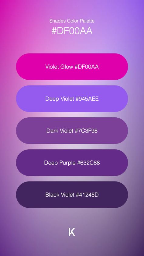 Shades Color Palette Violet Glow #DF00AA · Deep Violet #945AEE · Dark Violet #7C3F98 · Deep Purple #632C88 · Black Violet #41245D Seductive Color Palette, Deep Purple Palette, Deep Purple Color Palette, Dark Purple Palette, Colour Codes, Ipad Ideas, Purple Palette, Black Color Palette, Purple Color Palettes