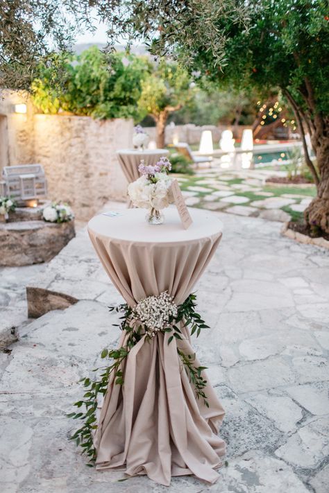 High tables can be decorated in a thousand ways, we love the rustic look with the long table cloth and flower decoration for this rustic Greek island wedding. Champagne Tables, Long Table Cloth, Wedding In The Garden, Wedding Cocktail Tables, Cocktail Table Decor, Cocktail Decor, Greek Island Wedding, High Tables, Cocktail Hour Decor