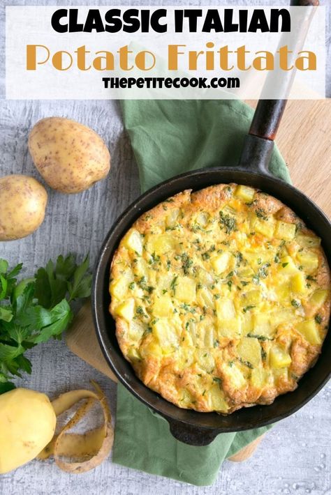 Classic Italian Potato Frittata is the easiest meal you can make: eggs, potatoes and fresh herbs come together for a quick dinner the whole family will love! Plus it's awesomely gluten-free and vegetarian! thepetitecook.com #vegetarian #glutenfree Fritata Recipe, Potato Frittata Recipes, Italian Frittata, Fritatta Recipe, Traditional Italian Recipes, Eggs Potatoes, Potato Frittata, Italian Potatoes, Potato Dinner