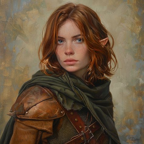 realistic oil painting of a friendly medieval fantasy female half-elf ranger with shoulder length auburn hair in a layered bob haircut, blue eyes, and small slightly pointed ears wearing leather armor, khaki pants, and a dark green cloak Half Elf Dnd, Ranger Dnd, Elf Hair, Elf Ranger, Dnd Elves, Half Elf, Elf Characters, Elf Druid, Elves Fantasy