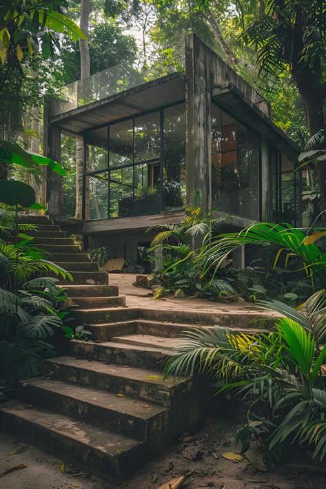 Ever dreamed of living in the heart of nature? This serene home with floor-to-ceiling glass windows seamlessly nestles in a lush, green jungle, giving you the feeling of floating above ground. The house, supported by minimalist concrete beams, opens up to the wild beauty around. Imagine waking up to this view every morning! 🌿✨ Save & follow @Greenbubble for more inspiring spaces.  #Artprint #imageprompt #aiimg #GreenLiving #JungleHome #NatureInspired #EcoArchitecture Tiny House Tropical Design, Rainforest House Interior, Rainforest House Aesthetic, Small Jungle House, Cottage Queenslander, Eco Modern House, Hawaii House Aesthetic, Modern Jungle House, Houses In Forest