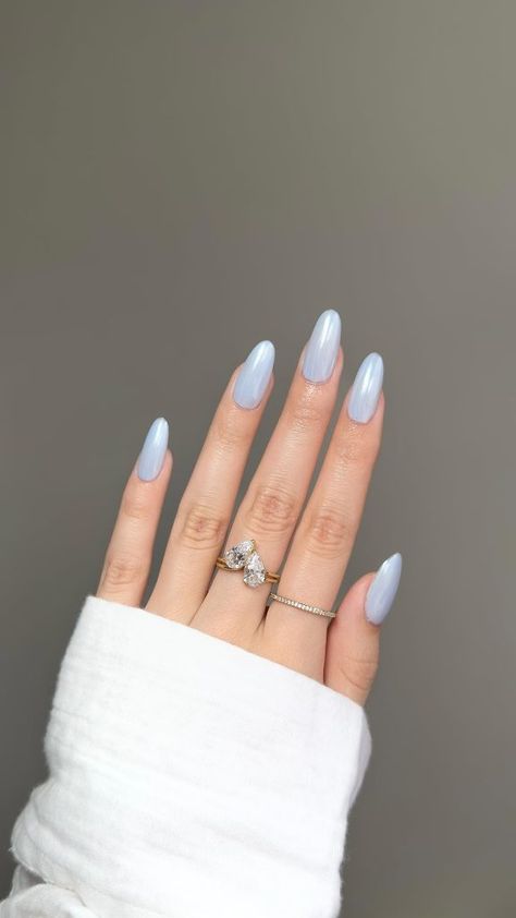 Glossy Blue Nails, Blue Pastel Nails Design, Bay Blue Nails, Nail Blue Pastel, Light Powder Blue Nails, 2024 Blue Nails, Baby Blue Glazed Nails, Engagement Nails Blue, Frost Blue Nails