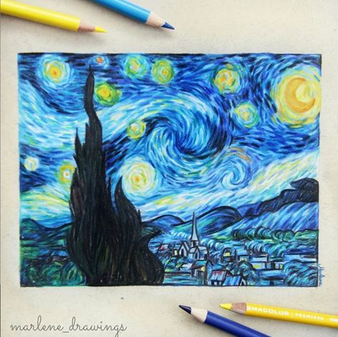 Starry Night Colored Pencil, Starry Night Pencil Drawing, Drawing Ideas List, Lost Ocean, Colored Pencil Artwork, Draw Picture, Starry Night Van Gogh, Doodle Art Designs, Pencil Art Drawings