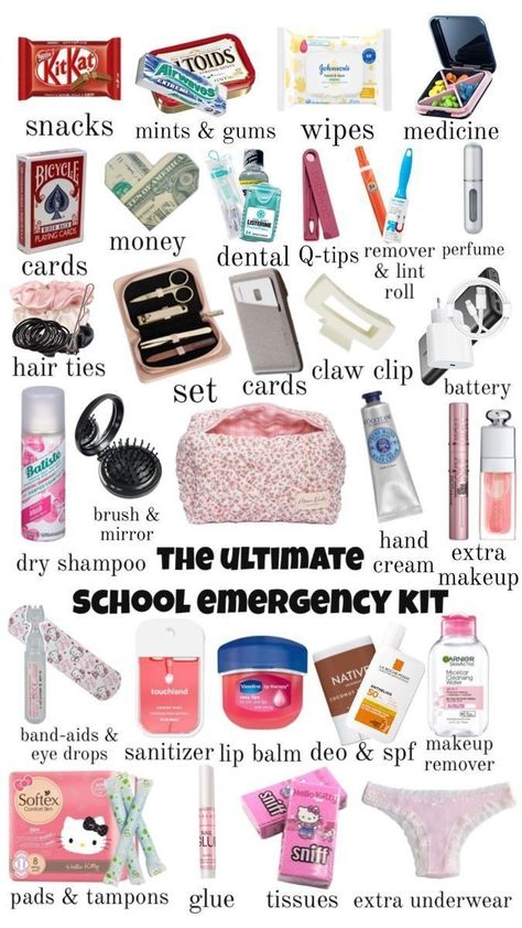 Schul Survival Kits, Middle School Essentials, Studie Hacks, School Emergency Kit, School Backpack Essentials, School Survival Kits, Pretty School Supplies, School Preparation, School Needs