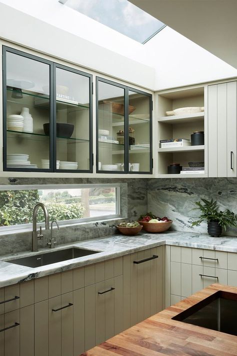 Long Windows Kitchen, Extra Deep Kitchen Counters, Kitchen By The Window, Window In Backsplash, Gray Kitchen Inspirations, Kitchen With Window And Island, Window As Backsplash Kitchen, Kitchen In Front Of Window, Kitchen With Interior Window