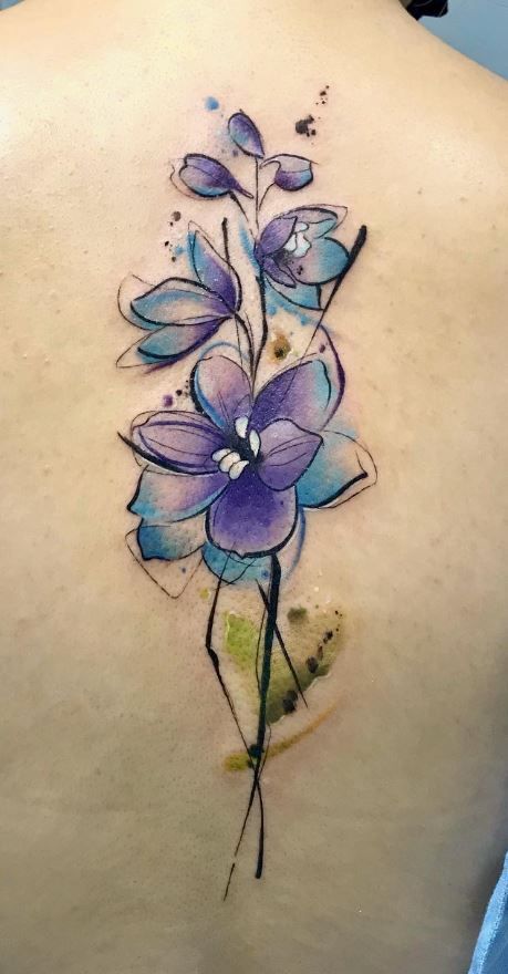 Larkspur Flower Tattoo Watercolor, Meaningful Bird Tattoos, Gladiolus Watercolor Tattoo, Water Colour Flower Tattoos, Delphinium Tattoo Design, Violet Watercolor Tattoo, Water Color Tattoo For Girl, Watercolor Shoulder Tattoo, Watercolor Tattoo Flowers