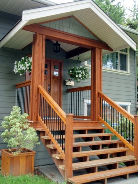 Front door with roof; maybe extend it along the length of the house for small table and chairs or grill Farmhouse Front Porch Decorating, Farmhouse Stairs, Door Overhang, Stairs Railing, Front Porch Steps, Porch Remodel, Building A Porch, Front Porch Design, Farmhouse Front Porches