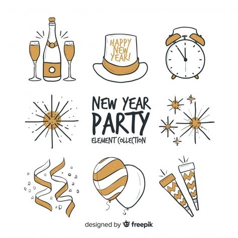 New year party elements collection | Free Vector #Freepik #freevector #new-year #happy-new-year #party #hand Bullet Journal On Ipad, New Years Drawing Ideas, New Year Doodle, New Year Logo, Happy New Year Signs, New Year's Drawings, Happy New Year Stickers, Party Elements, Doodle Font