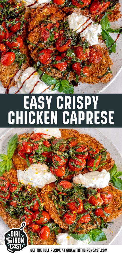 This chicken caprese recipe is packed with flavor and is sure to please everyone at the table! The chicken cutlets are breaded with Italian breadcrumbs and pan-fried until crispy and golden brown. Then, they are topped with garlic-roasted tomatoes, creamy burrata cheese, fresh basil leaves, and a drizzle of balsamic glaze. So easy to make and totally delicious! Basil Pesto Tomato Mozzarella Chicken, Chicken Cutlet Caprese Salad, Parmesan Basil Chicken, Tomato Paste Chicken, Burrata Chicken Recipe, Burrata Cheese Recipes, Chicken Cutlet Meals, Balsamic Glaze Chicken, Burrata Chicken