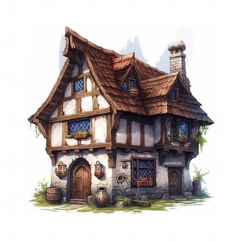 1600s House, Fantasy Building Concept Art, Enshrouded Build, Medieval Tavern Exterior, Small Medieval House, Medieval Concept Art, Cottage Concept Art, Fantasy House Concept, Valheim Builds