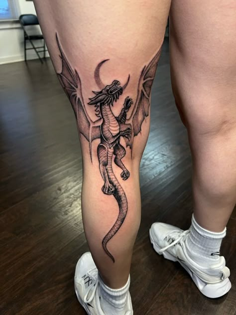 Back of leg dragon tattoo Wrap Around Dragon Tattoo Leg, Dragon Thigh Tattoos Women Black, Knee Dragon Tattoo, Dragon On Thigh Tattoo, Chinese Dragon Leg Tattoo, Dragon Tattoo Leg Wrap, Dragon Shin Tattoo, Dragon Tattoo For Women Leg, Woman Dragon Tattoo