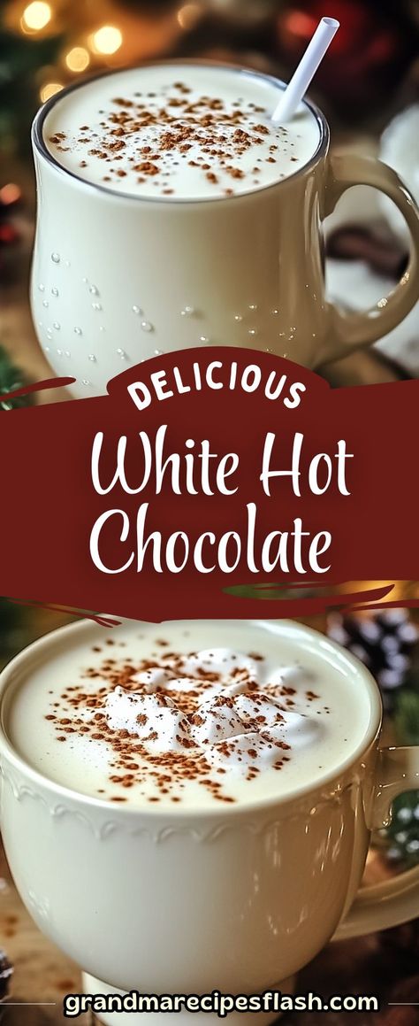 Indulge in a creamy, dreamy cup of Winter Wonderland White Hot Chocolate! This velvety treat is made with white chocolate, heavy cream, and topped with whipped cream and candy canes for a festive touch. Perfect for cozy nights by the fire or holiday gatherings Pioneer Woman White Hot Chocolate, White Chocolate Hot Chocolate Recipe, White Chocolate Hot Chocolate, Creamy Drinks, Hurts Donuts, White Hot Chocolate Recipe, Crockpot Hot Chocolate, Almond Milk Recipes, White Choc