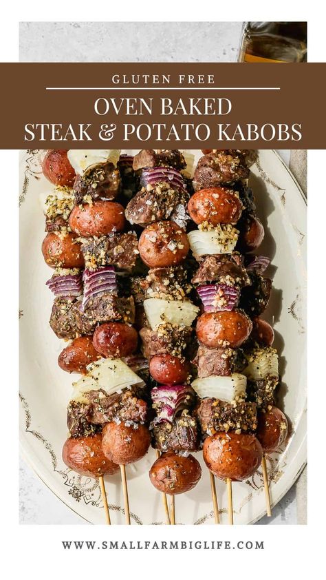 This easy recipe for oven baked steak and potato kabobs makes a quick meal! The skewers are stacked with beef steak, onions and baby red potatoes. Each kabob is brushed with a rosemary oil mixture that gives them lots of flavor. #glutenfree #recipe Easy Kabobs In The Oven, Steak Kebabs In The Oven, Oven Beef Kabobs, Steak And Red Potatoes, Sirloin Kabob Recipes, Fun Kabob Ideas, Deconstructed Kabobs In The Oven, Oven Roasted Kabobs, Kebobs In The Oven