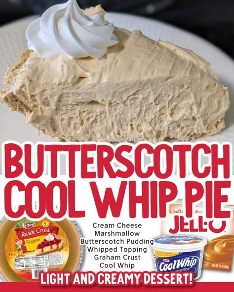 Butterscotch Cool Whip Pie Pudding And Cream Cheese, Annie Campbell, Colorado Recipes, Cool Whip Pudding, Cool Whip Pie, Cool Whip Pies, Butterscotch Recipes, Cool Whip Desserts, Pudding Pie