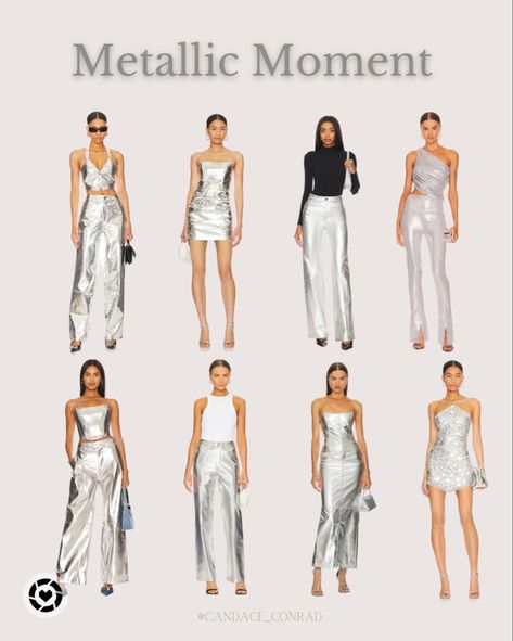 Metallic Outfits, Silver Pants, Skirts and Shirts. Futuristic Glam Outfit, Metallic Outfit Photoshoot, Silver Pants Outfit Summer, Metallic Set Outfit, White And Metallic Outfit, Mixed Metals Outfit, Silver Glitter Outfit, Metallic Festival Outfit, Metallic Party Outfit