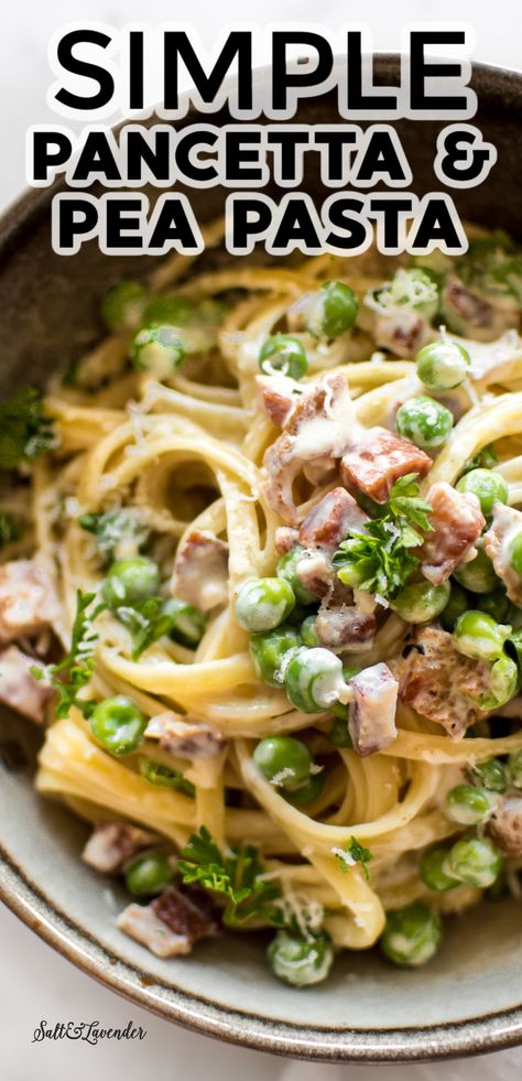 Panchetta Recipes, Pea Pasta, Pancetta Recipes, Pancetta Pasta, Cream Sauce Pasta, Pasta With Peas, Cream Pasta, Garlic Cream Sauce, Carbonara Recipe