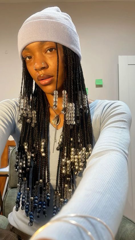 Braids With Black Beads, Braids With Bumped Ends, Unique Knotless Braids Hairstyles, Locs With Layers, Alt Braids For Black Women, Natural Knotless Braids With Beads, Layered Braids With Beads, Braid Hairstyles With Beads, Long Box Braids With Beads