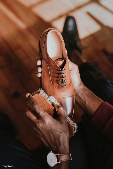 Man applying shoe polish to his brown leather shoes | premium image by rawpixel.com / Felix Mens Shoes Photography, Leather Shoes Brand, Shoes Editorial, 70s Shoes, Shoe Advertising, Shoes Fashion Photography, Cc Shoes, Art Shoes, Shoes Photography