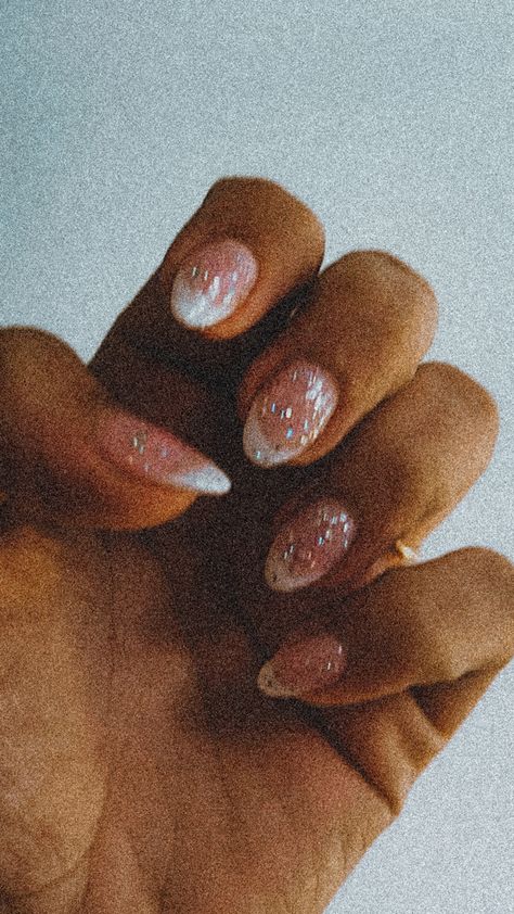 Polaroid glitter confetti french tip Glitter And French Tip Nails, Clear French Tip Nails Sparkle, Glitter French Nails Short, Confetti French Tip Nails, White Glitter French Tip Nails Short, Sparkly Nail Tips, French Tip With Sparkle Line, Glittery French Tips, French Tip With Glitter Line