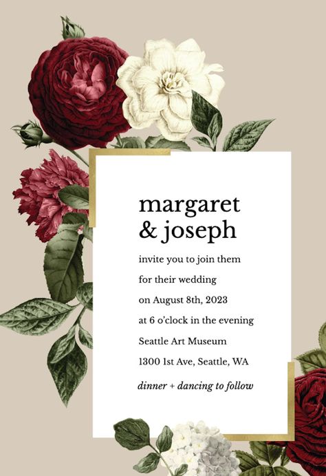 Wine Red Roses - Wedding Invitation Template (Free) | Greetings Island Red Rose Wedding Invitations, Wine Red Wedding, Online Wedding Invitation, Wedding Invitation Vector, Free Wedding Invitation Templates, Baby Print Art, Free Wedding Invitations, Red Rose Wedding, Template Free Printable