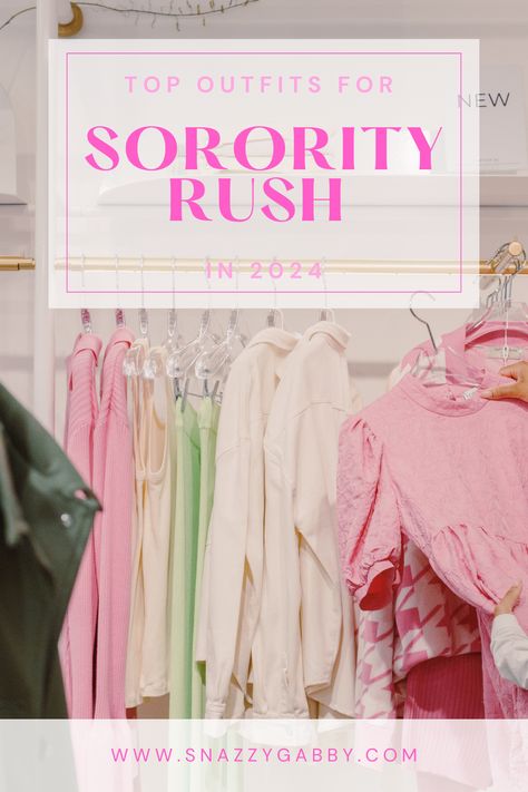 Wondering what to wear to get into your top house this sorority recruitment season? Check out my blog to find outfit ideas for each round! @snazzygabby.com  #blog #school #college #university #backtoschool #highschool #sorority #fraternity #greeklife #panhellenic #rush #recruitment #outfits #OOTD #whattowear #clothes Uf Panhellenic Recruitment Outfits, Rush Skirt, Rush Nails, Sorority Recruitment Outfits Rush Week, Sorority Rush Week Outfits, Rush Bag, College Life Aesthetic, High School Back To School, Sorority Rush Week