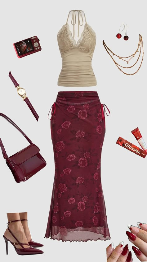 wine red outfit inspo Red Bohemian Outfit, Loretta Aesthetic, Two Piece Boho Outfit, Red Vintage Outfits Aesthetic, Girly Core Outfits, Aires Outfit Aesthetic, Red Earthy Outfit, Art Core Aesthetic Outfits, Italian Vintage Outfits